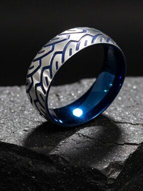 Blue Tire Ring, Stainless Steel Men's Band Solid Light Weight Feel